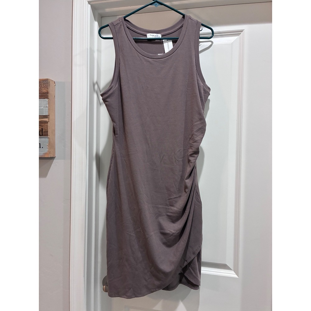 Gilli Allison Knit Fitted Ruched Dress Taupe Ribbed Sleeveless XL NWT